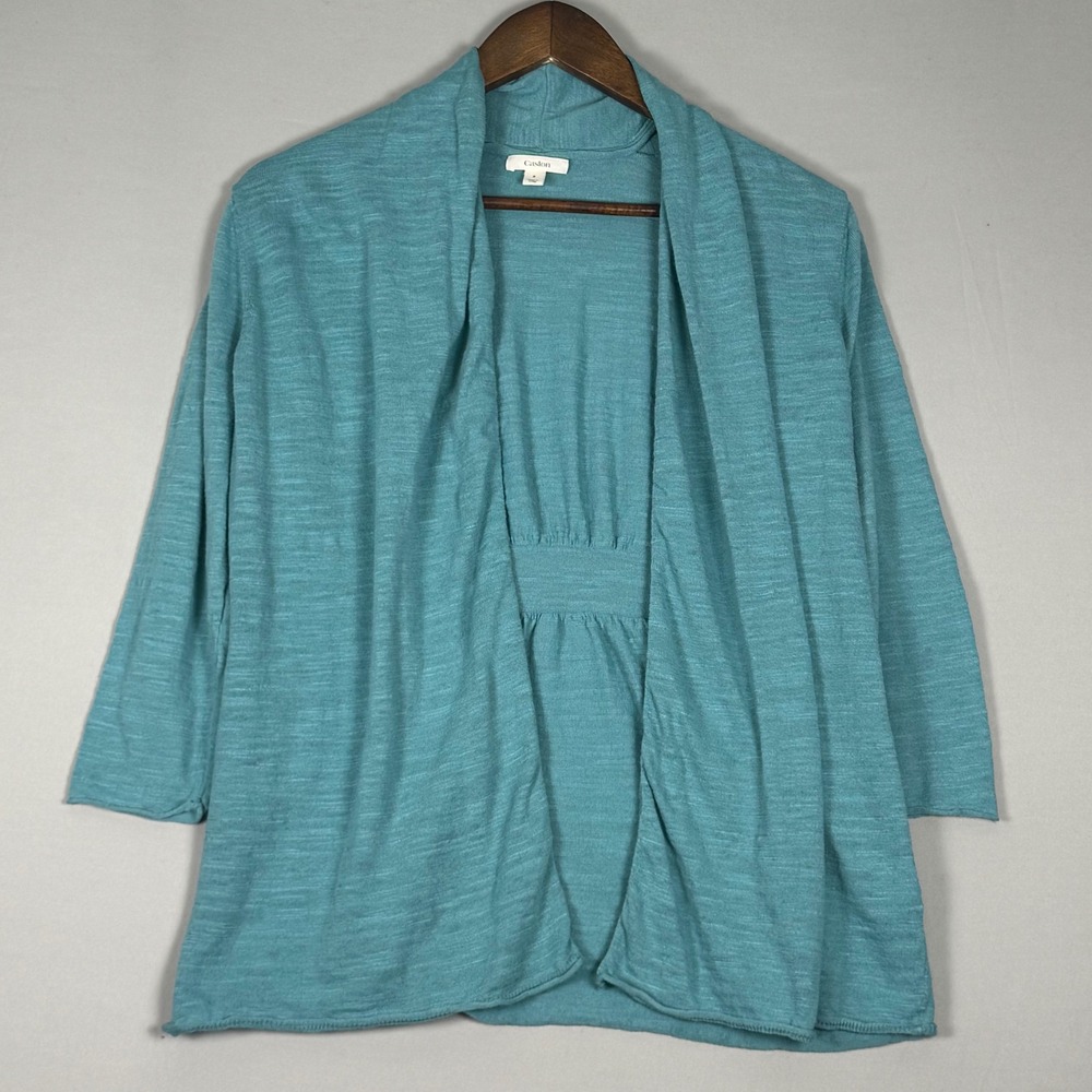 Caslon Cardigan Sweater Women Small Teal Blue Excellent Open Front Cotton Slub